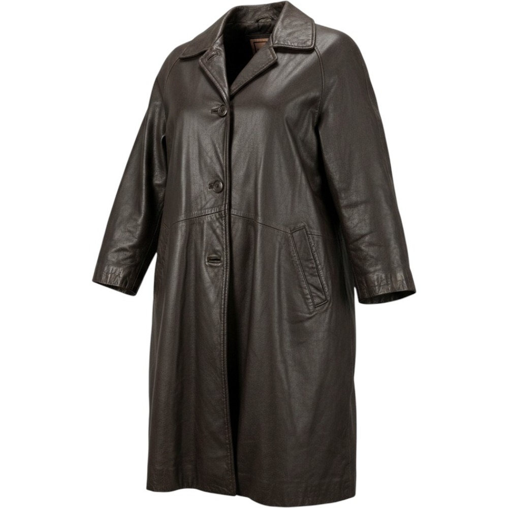 Excelled Collection Womens 1XL Brown Leather Button Front Trench Coat Jacket